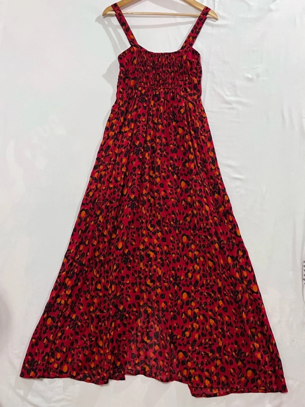 Alya Red Leopard Print Midi Dress Size Small Button Front Smocked Boho Summer - Picture 7 of 13